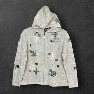 Vintage Skyr Embroidered Snowflake Cardigan Sweater Womens M Full Zip Hood Wool